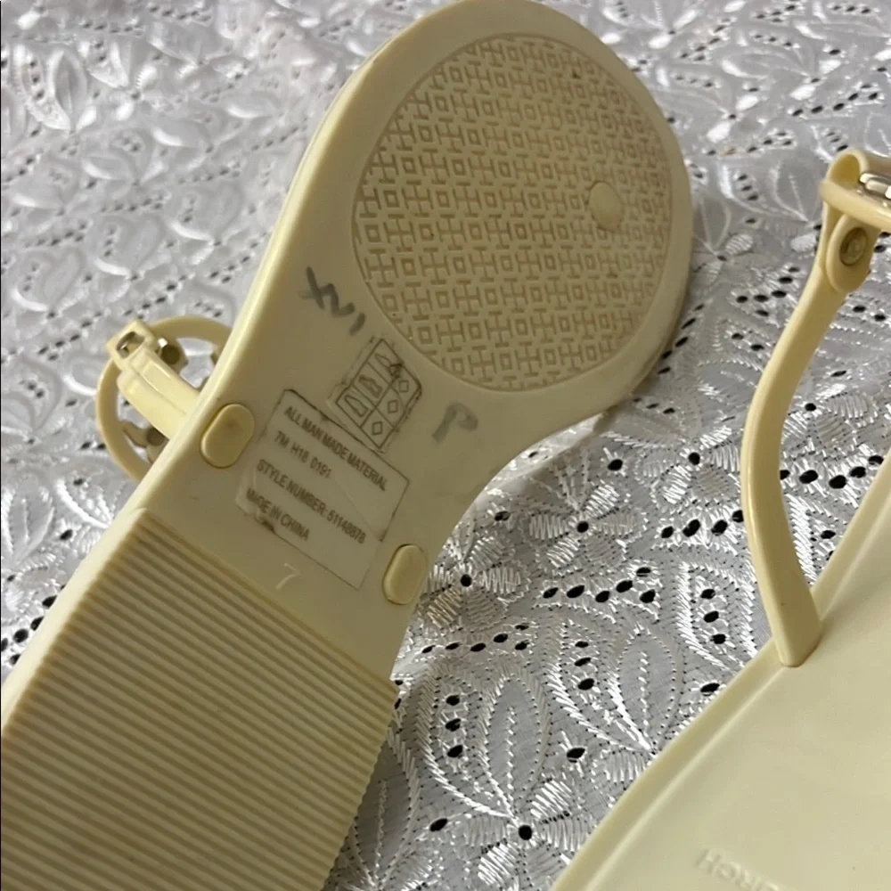 Tory Burch Cream Sandals with Gold Medallion